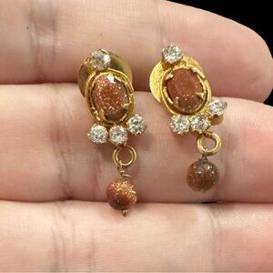 Gold-Plated Drop Earrings With Genuine Goldstone Accents & Clear Crystal Details